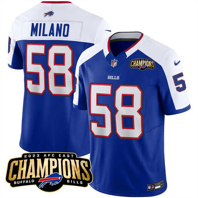 Men & Women & Youth Buffalo Bills #58 Matt Milano Blue White 2023 F.U.S.E. AFC East Champions With 4-star C Ptach Stitched Jersey,We sell and wholesale Men & Women & Youth Buffalo Bills #58 Matt Milano Blue White 2023 F.U.S.E. AFC East Champions With 4-star C Ptach Stitched Jersey on line form chian!
